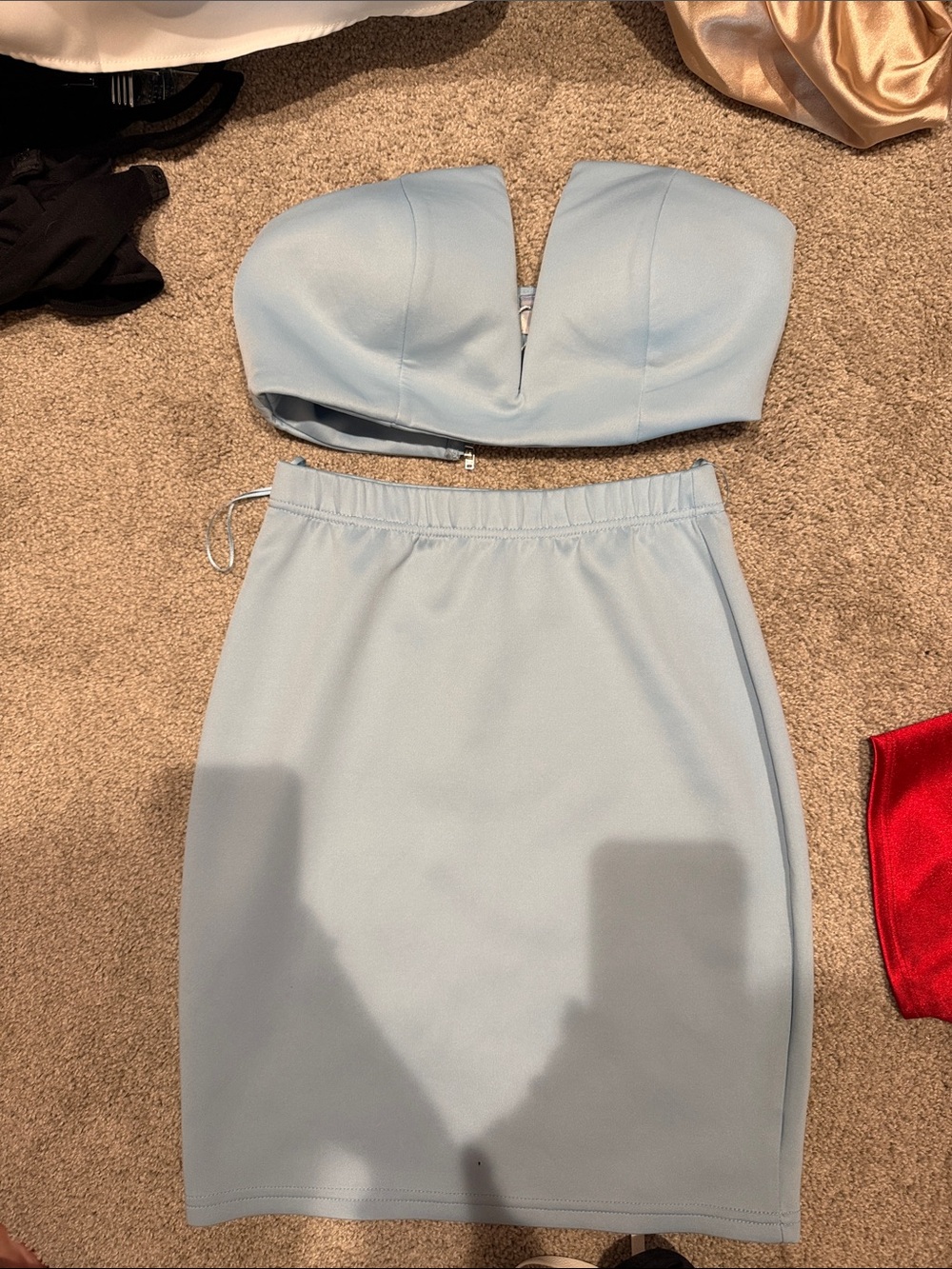 Light Blue Strapless V-Neck Crop Top & Pencil Skirt Set